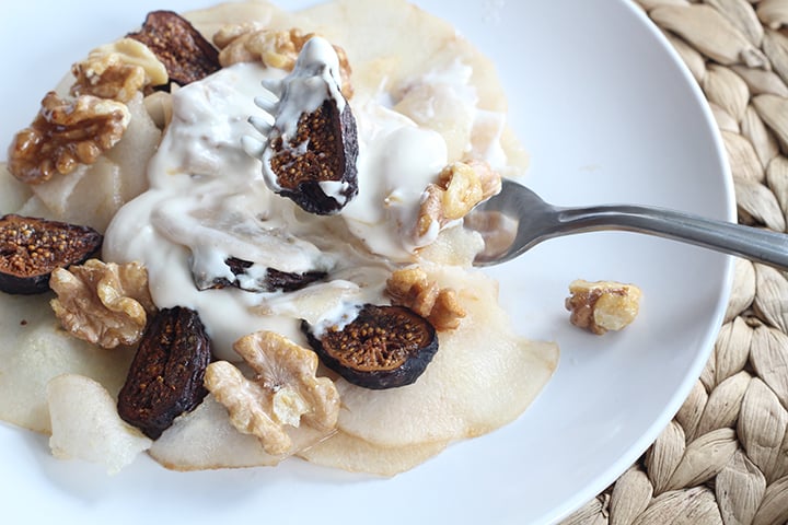 Sweet Ricotta Pear Ribbons With Roasted Honey Walnuts and Figs