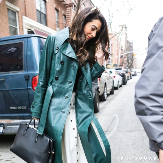 Amal Clooney Wearing Teal Trench Coat