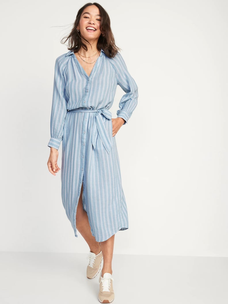 Long-Sleeve Waist-Defined Striped Midi Dress For Women