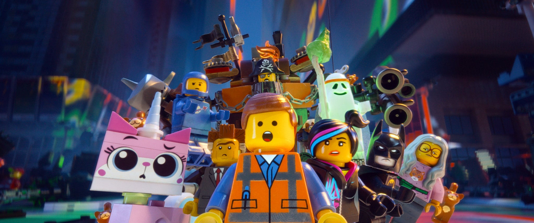 THE LEGO MOVIE, Unikitty (voice: Alison Brie), Benny (voice: Charlie Day), Metal Beard (Nick Offerman), Vitruvius (voice: Morgan Freeman), Batman (voice: Will Arnett), Wyldstyle (voice: Elizabeth Banks), Emmet (voice: Chris Pratt), President Business (voice: Will Ferrell), 2014. Warner Bros. Pictures/courtesy Everett Collection