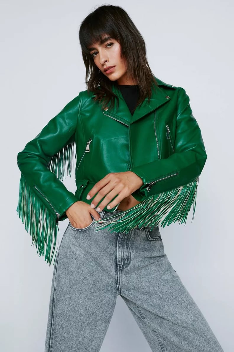 A Green Leather Jacket: Nasty Gal Faux Leather Fringed Moto Jacket