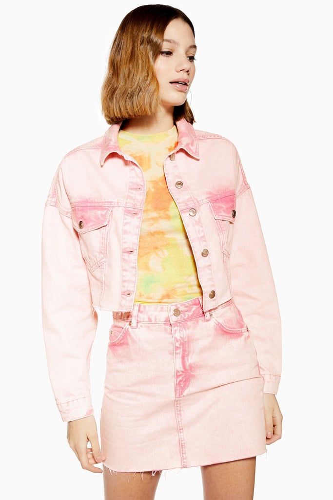 Topshop Pink Acid Neon Wash Hacked Denim Jacket
