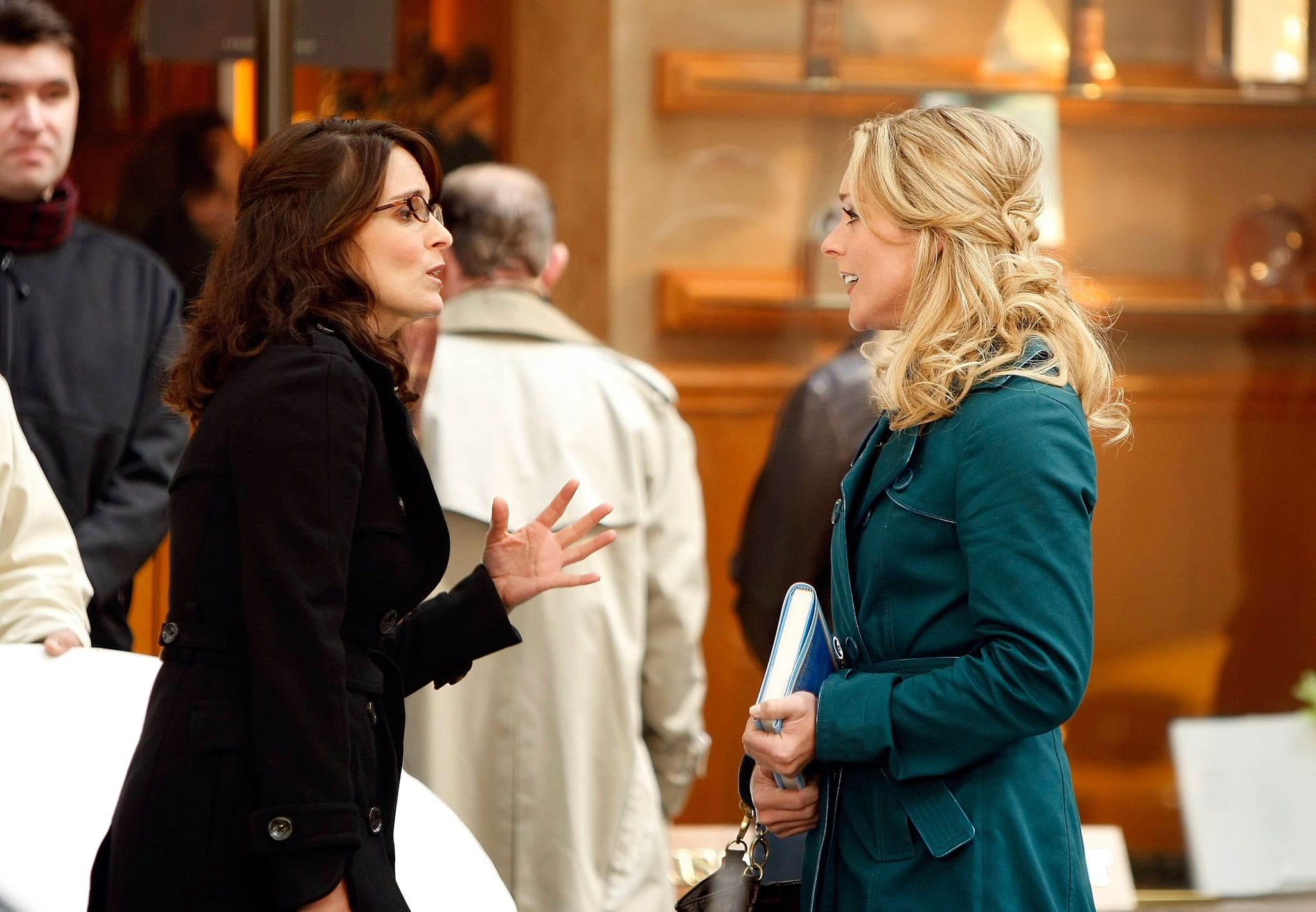 NEW YORK - OCTOBER 06:  Actresses Tina Fey and Jane Krakowski (R) stand on location during filming for 