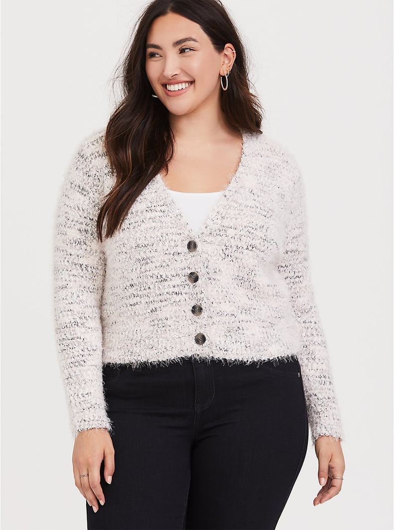 Torrid Ivory Fuzzy Crop Button Front Boyfriend Cardigan