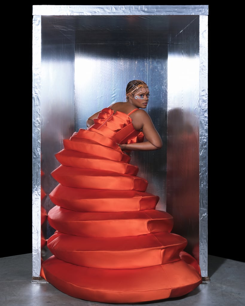 "This was our tribute to Grand Couture," Fogg and Panszczyk said. "We wanted to showcase our technical pattern skills by creating sculptured accordion dresses that were slashed on the side revealing the body, playing on the idea of the cake gown."