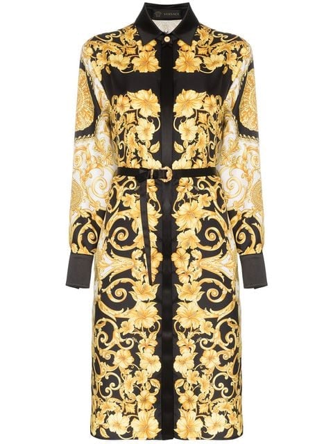 Versace Button-Down Baroque Print Belted Silk Midi Dress