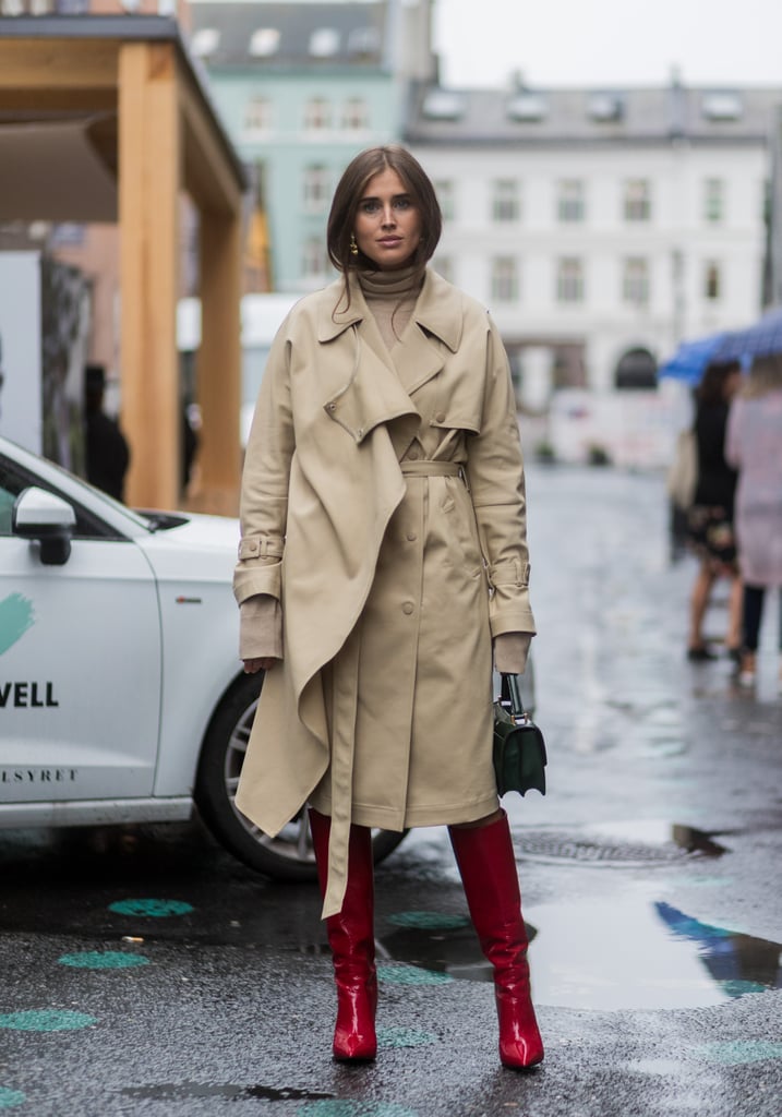 Meet a Midlength Trench With Bright Red Knee-High Boots