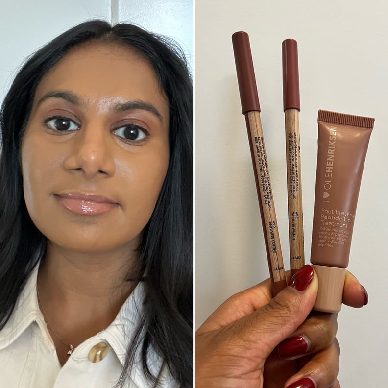 Woman wearing the Make Up For Ever Artist Color Pencils in Anywhere Caffeine and Wherever Walnut, and Ole Henriksen Pout Preserve Peptide Lip Treatment in Crème Brûlée.