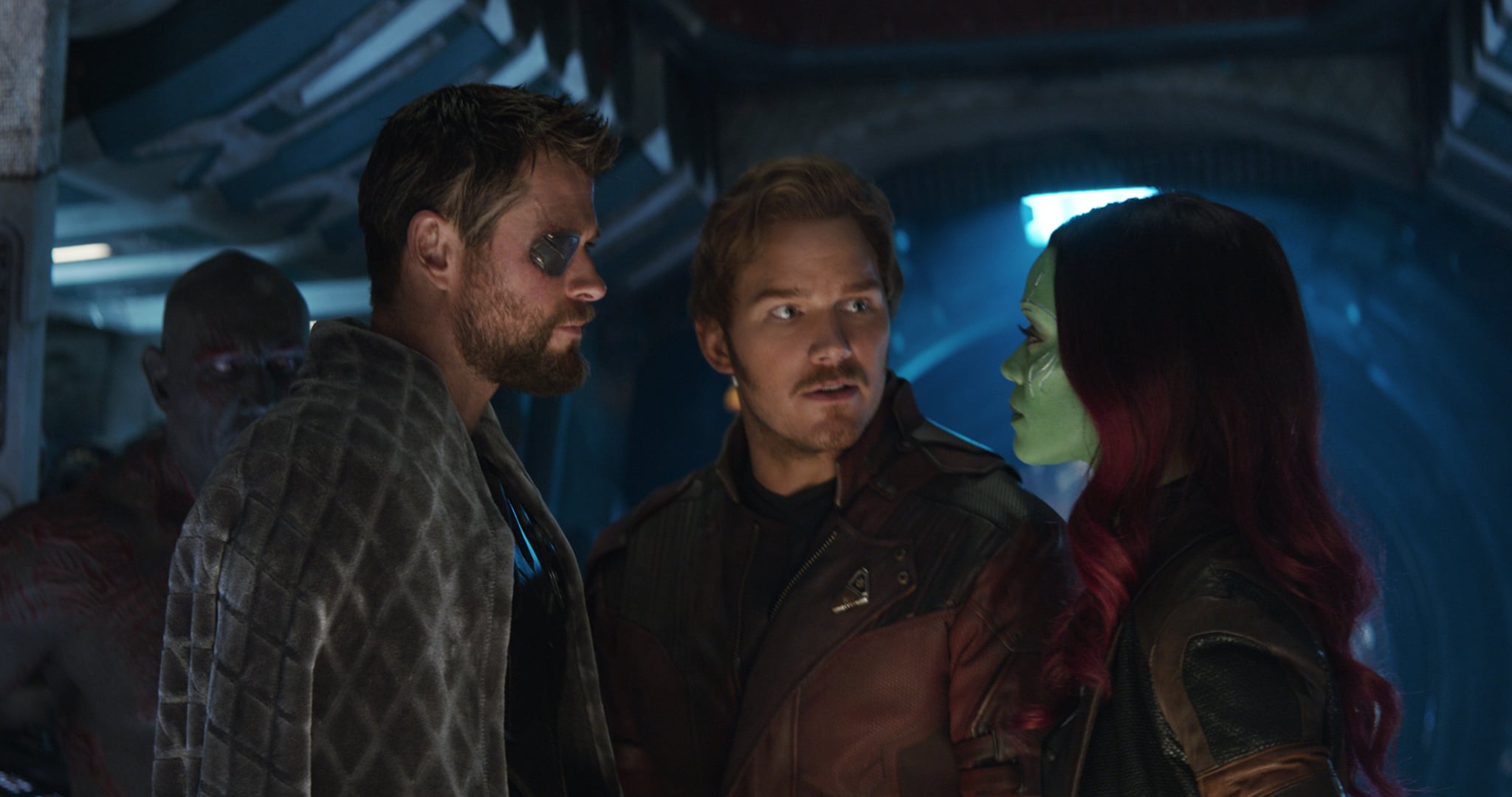 Marvel Studios' AVENGERS: INFINITY WAR..L to R: Thor (Chris Hemsworth), Star-Lord/Peter Quill (Chris Pratt) and Gamora (Zoe Saldana), b/g Drax (Dave Bautista)..Photo: Film Frame..©Marvel Studios 2018