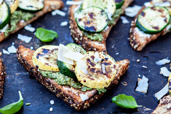 Grilled Summer Squash Crostini With Goat Cheese and Pesto
