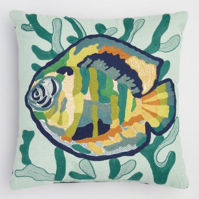 Embroidered Fish Indoor Outdoor Throw Pillow