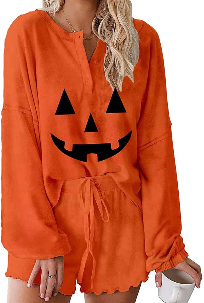 A Splash of Orange: Women's Jack-o-Lantern Printed Ruffle Short Pajamas Set