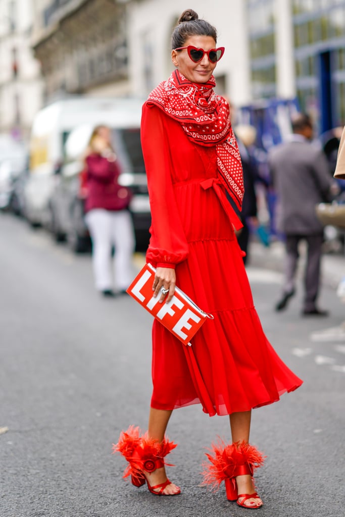 Wear a Printed Red Scarf With a Matching Dress and Feathered Heels