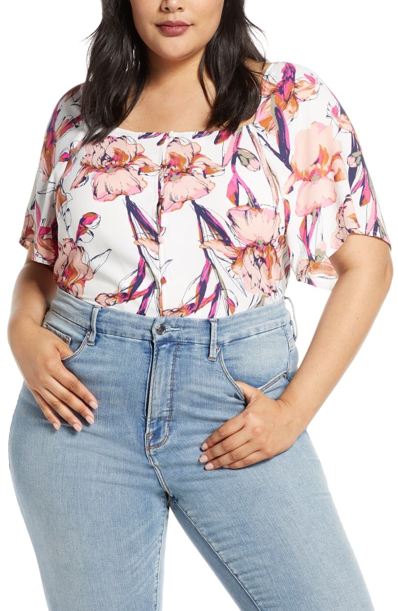 Leith Button-Front Floral Top