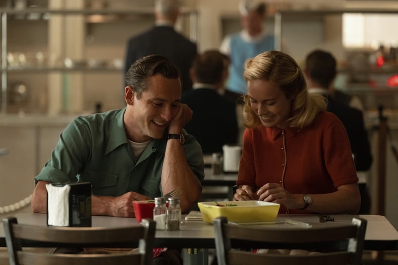 Lewis Pullman as Calvin and Brie Larson as Elizabeth in Lessons in Chemistry