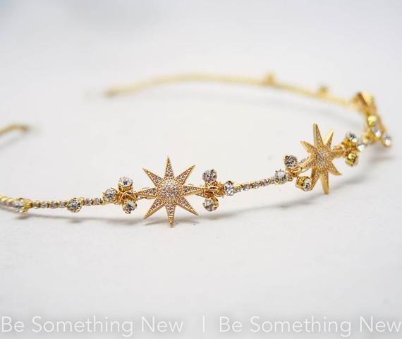 Gold Wedding Headpiece With Golden Stars And Rhinestones Celestial