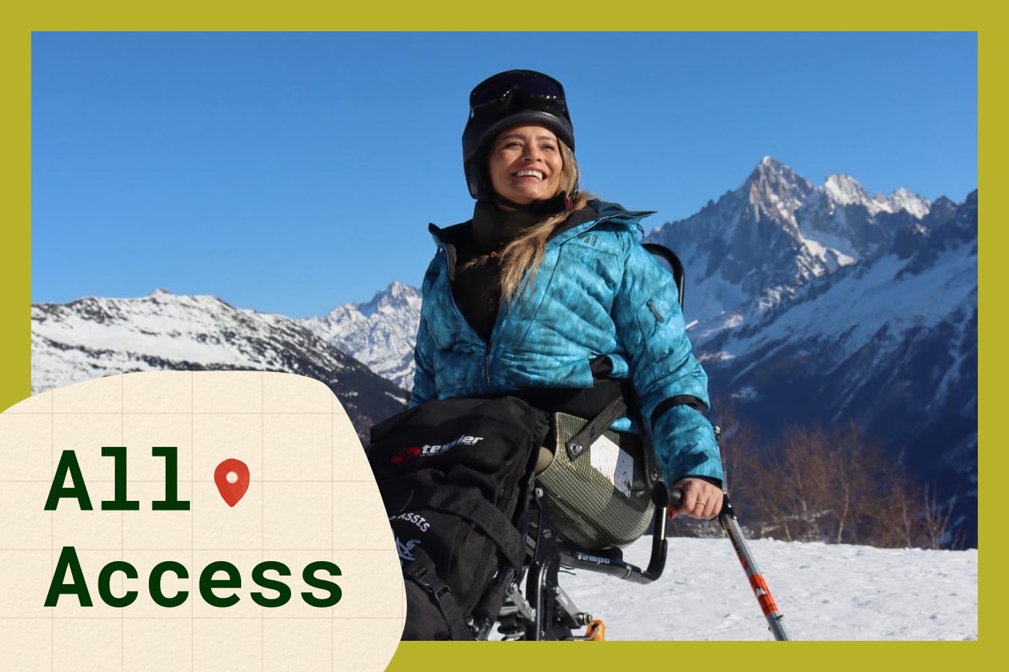 Marcela Marañon is a wheelchair bound Latin woman posing on a snow-covered mountain wearing a blue jacket, black pants, and a blue helmet.