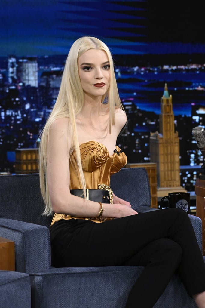 Anya Taylor-Joy's Gold Bustier and Platforms on Tonight Show