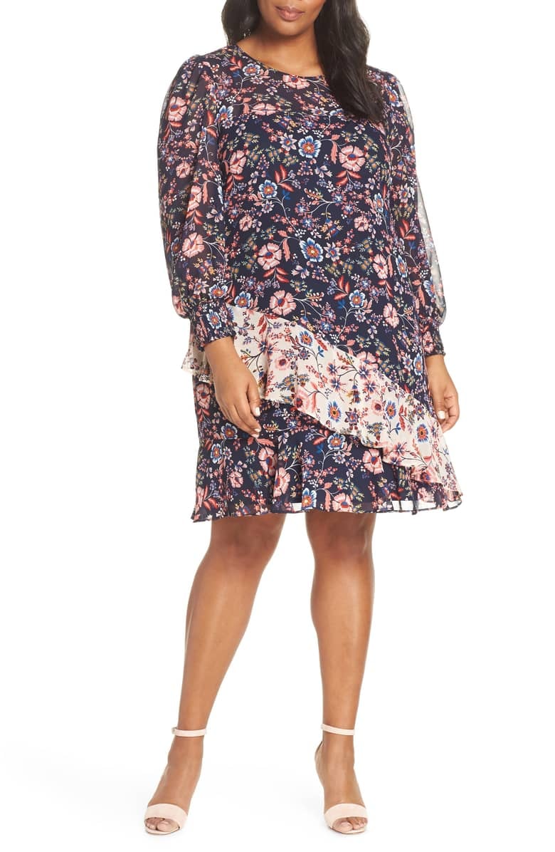 Eliza J Floral Print Contrast Ruffle Detail Dress