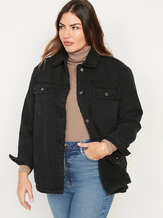 A Jean Jacket: Old Navy Sherpa-Lined Black-Wash Non-Stretch Jean Utility Shacket