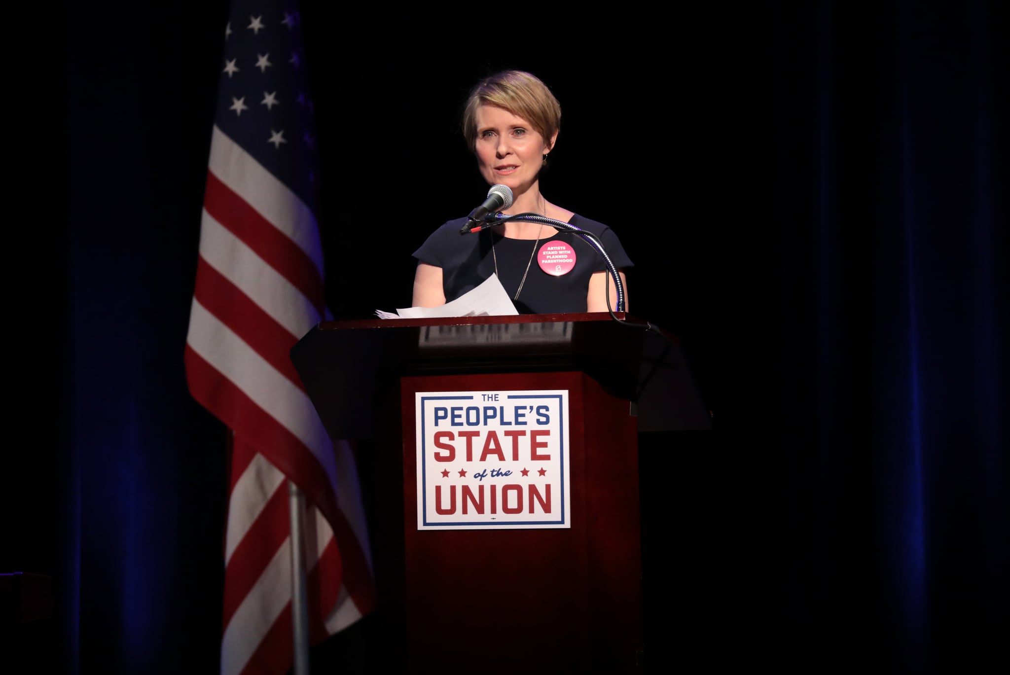 NEW YORK, NY - JANUARY 29:  Actress Cynthia Nixon speaks onstage at The People's State Of The Union at Townhall on January 29, 2018 in New York City.  (Photo by Cindy Ord/Getty Images for We Stand United)