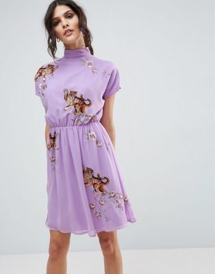 ASOS Premium Open Back Tea Dress With Tiger Embroidery