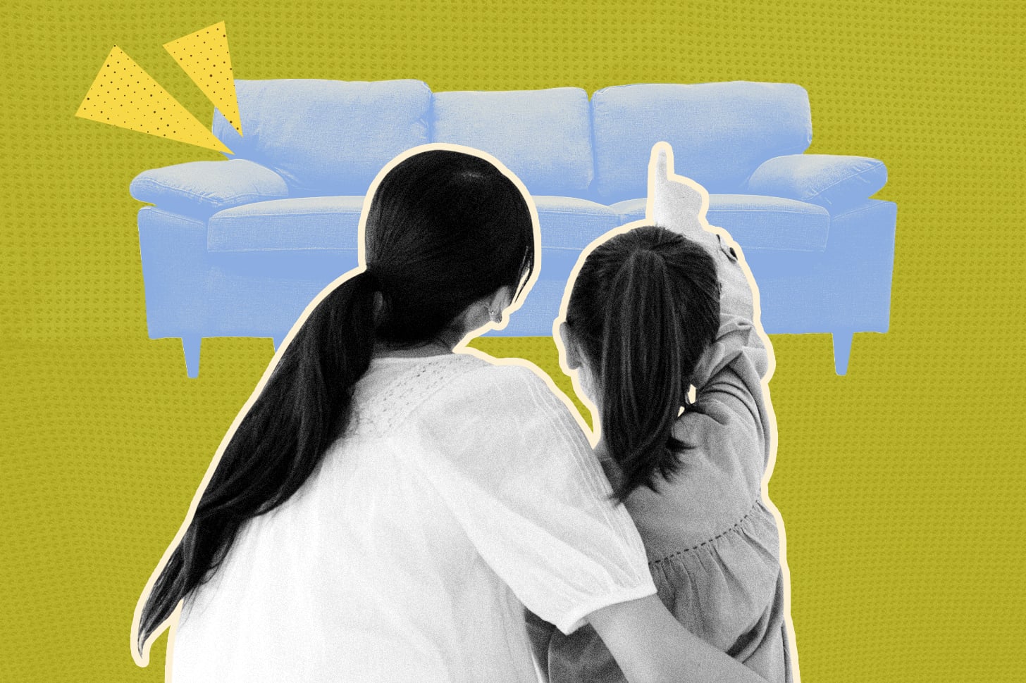 Designed Image of Mother and Daughter Pointing at Blue Couch on Ground In Living Room