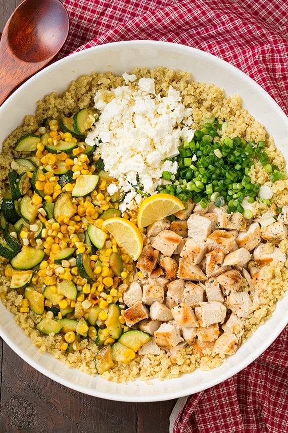 Zucchini, Corn, and Quinoa Bowls With Grilled Chicken and Lemon