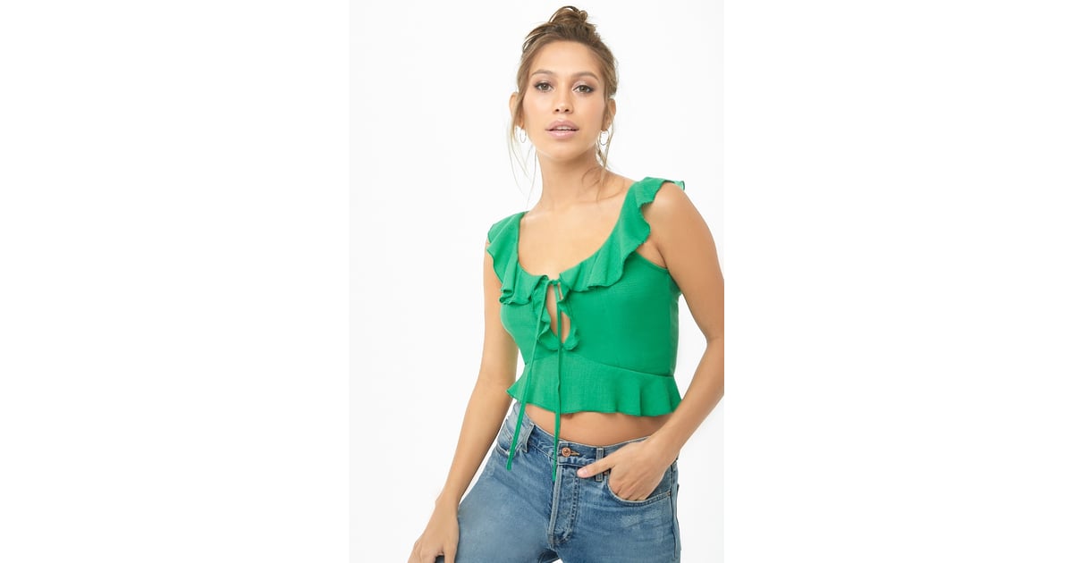 Forever 21 Ruffle Tie-Front Crop Top | Kendall Jenner Green New Year's ...