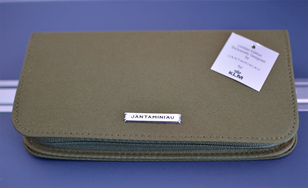 Soon after you get settled in, you'll get the KLM amenities bag. Designed by Jan Taminiau, a Dutch designer, it is so small and compact, it can honestly double as an evening bag. They have men's and women's versions of the bag.
