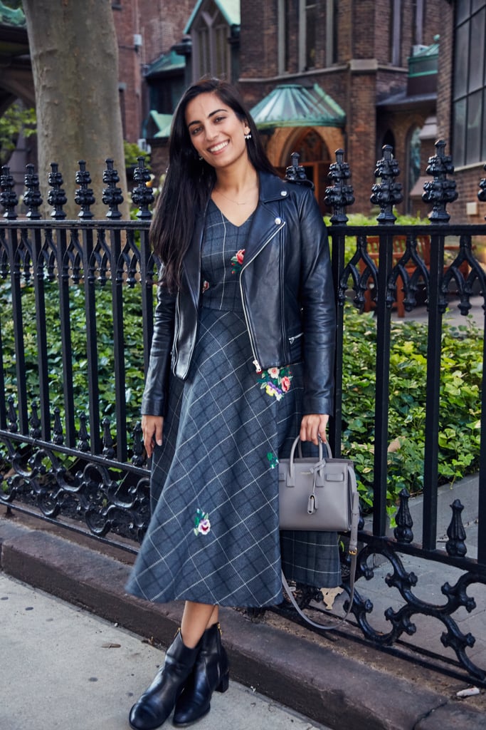 On Assistant Editor Nikita Ramsinghani: Maje leather jacket, Zayan The Label dress, Saint Laurent handbag, and Salvatore Ferragamo boots.