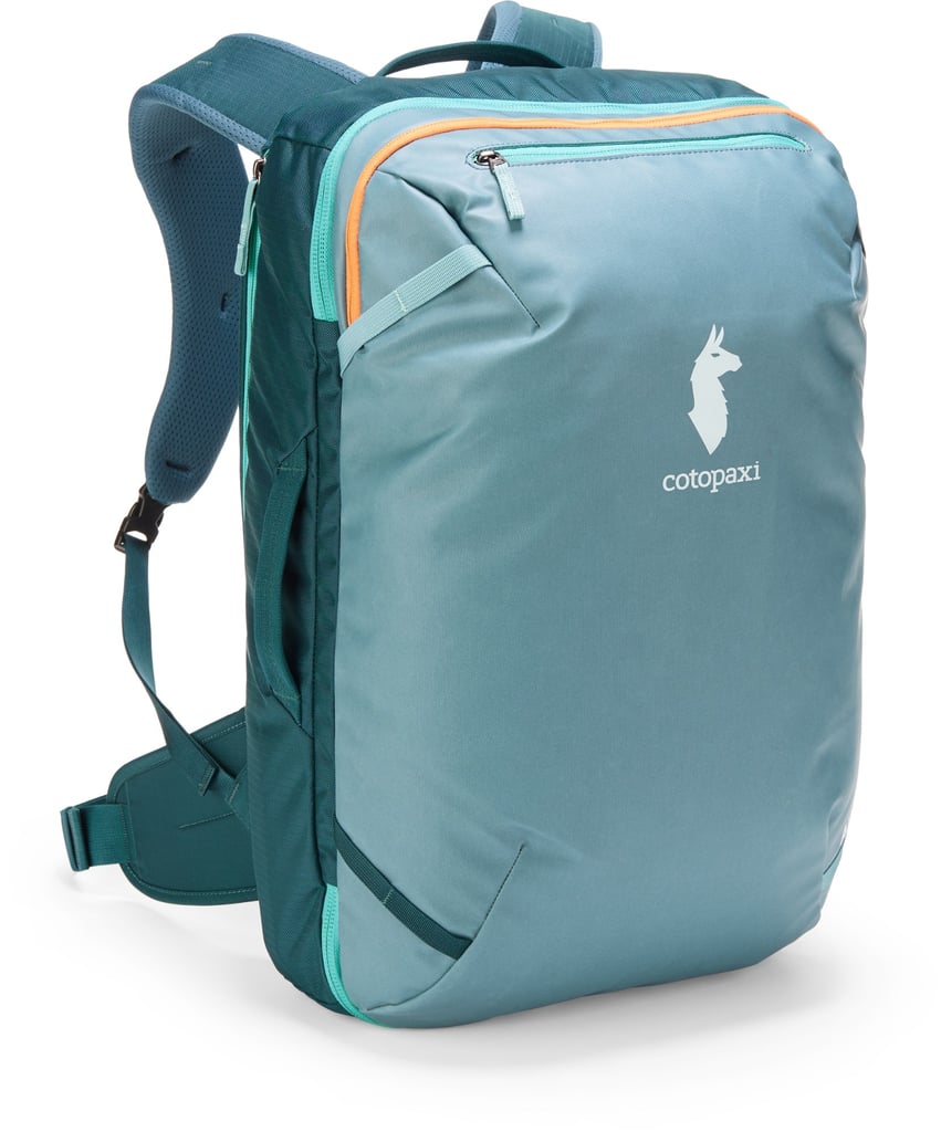 Cotopaxi Allpa 35 L Travel Pack ($230)
If you're headed on a trip where camping will be involved, this is the personal-item bag for you. Not only does it come in fun colorways, it's made with 100 percent recycled fabrics and has interior suitcase-style organization. There's a 15-inch laptop sleeve, large mesh water bottle holder at the side, and a zipper that goes around three sides of the pack, so you can also open it by laying it flat if you don't want to top load. The air mesh shoulder straps also make for a more comfortable carry than previous models.
Pros: Versatile design and function.
Cons: Some find it may be too big for smaller women and the quality of the bag doesn't last long.
Material: 100% recycled fabric.
Dimensions: 22" height x 12" width x 10" depth
Colorways: 4
Who it's best for: The frequent traveler or hiker.
What Reviewers Say: "Got it just in time for my surf trip! Fits all my essentials (bikinis) and can't wait to use it on other getaways! I love all the pockets and like how it opens like a suitcase and I don't necessarily need packing cubes."