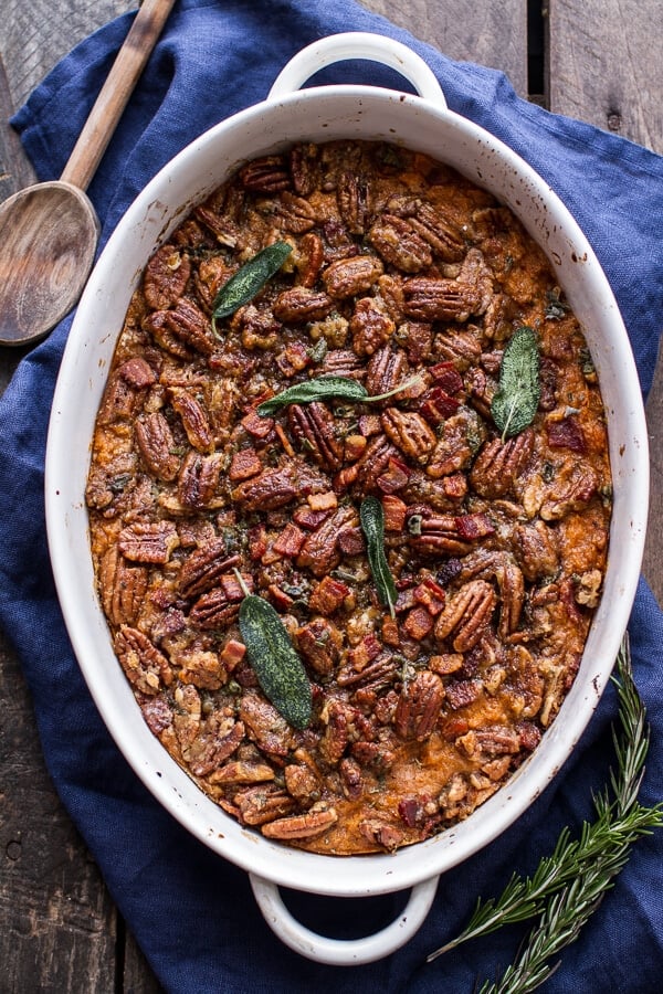 Bourbon Sweet Potato Casserole With Sweet ‘n’ Savory Bacon Pecans