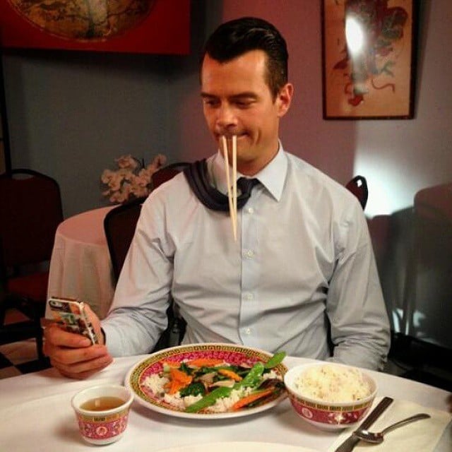 Josh Duhamel showed off his silly side while eating Chinese food. 
Source: Instagram user joshduhamel