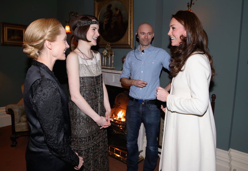 The Duchess of Cambridge got animated during a conversation with actress Michelle Dockery when she visited the Downton Abbey set on March 12.