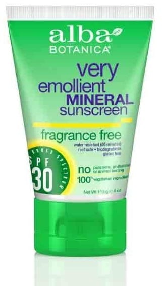 Alba Fragrance Free Broad Spectrum Mineral Sunscreen SPF 30 ($11) ranks well on EWG 2017 sunscreen guide. Both titanium dioxide and zinc oxide are active ingredients.