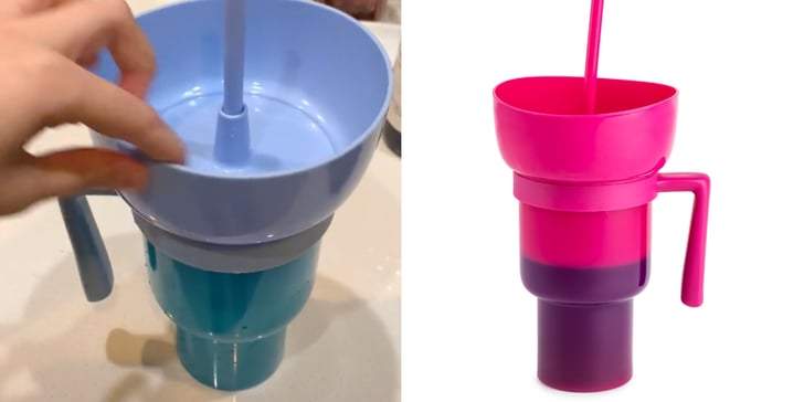 Snack Cup 2 in 1 Multifunction Color Changing Stadium Tumbler Snack and Drink Cup with Straw for Movies Home Use, Blue
