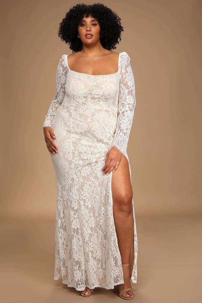 A Square Neck Wedding Dress: Together in Bliss White Lace Long Sleeve Dress