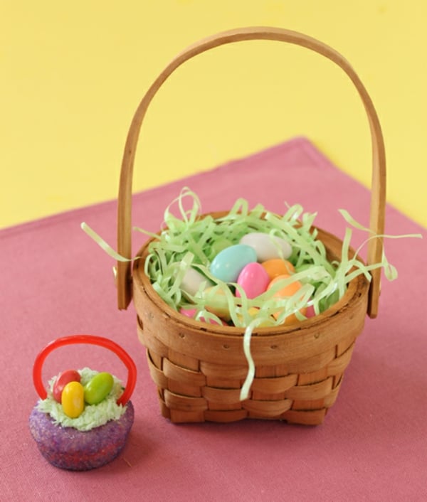 Turn a traditional Easter basket into a mini edible cupcake. Everything from the handles to the "eggs" can be consumed by your little ones.