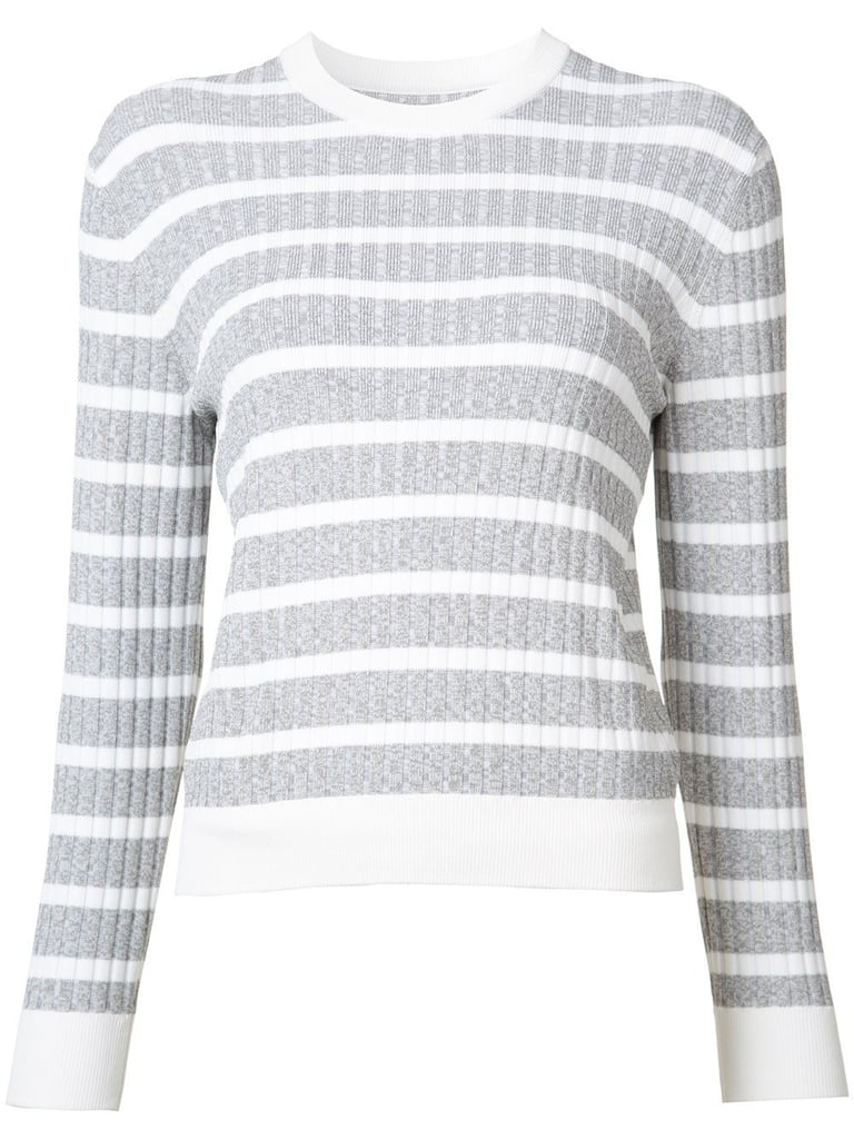 "A lightweight sweater, like this stripe style ($195) from my latest collection, is a key layering piece. I’ll wear it over a t-shirt when I get chilly on the plane and then slip a blazer over top to head straight from the tarmac to a partnership meeting." — Misha Nonoo