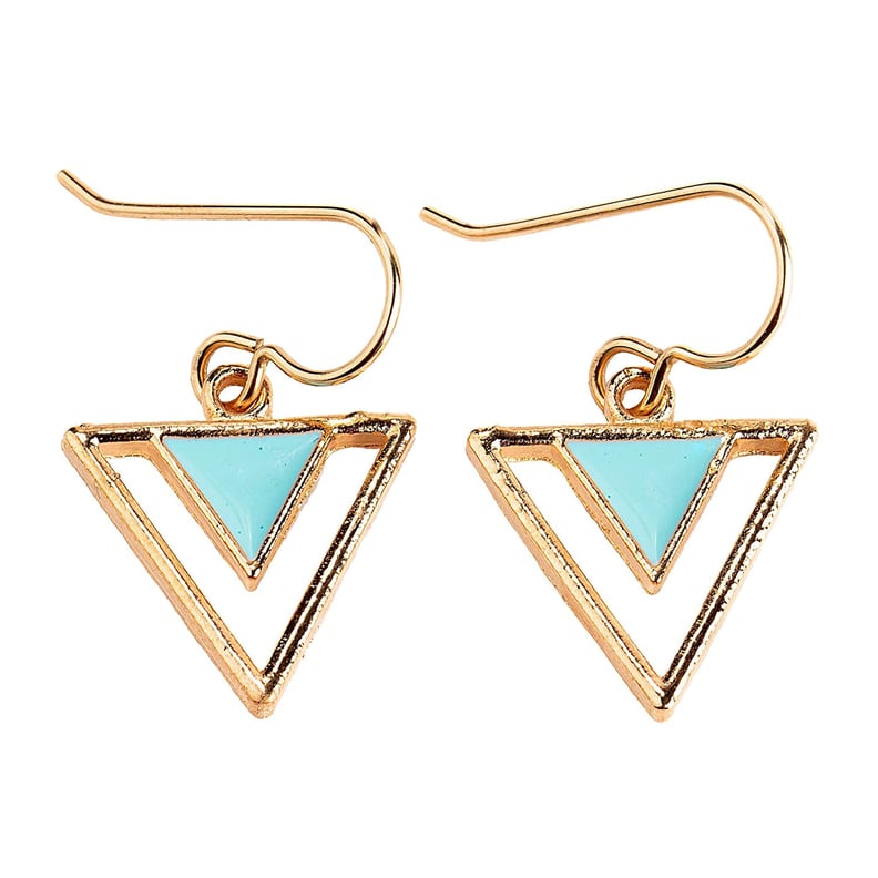 Gold and Aqua Blue Enameled Tribal Triangle Drop Earrings