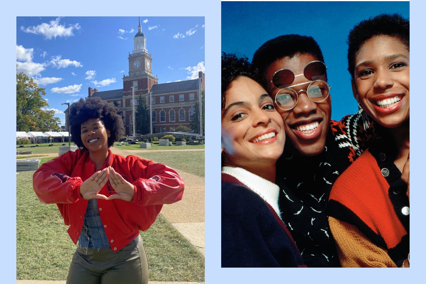 Collage of Taryn Finley at Howard University and a photo of the cast of A Different World 