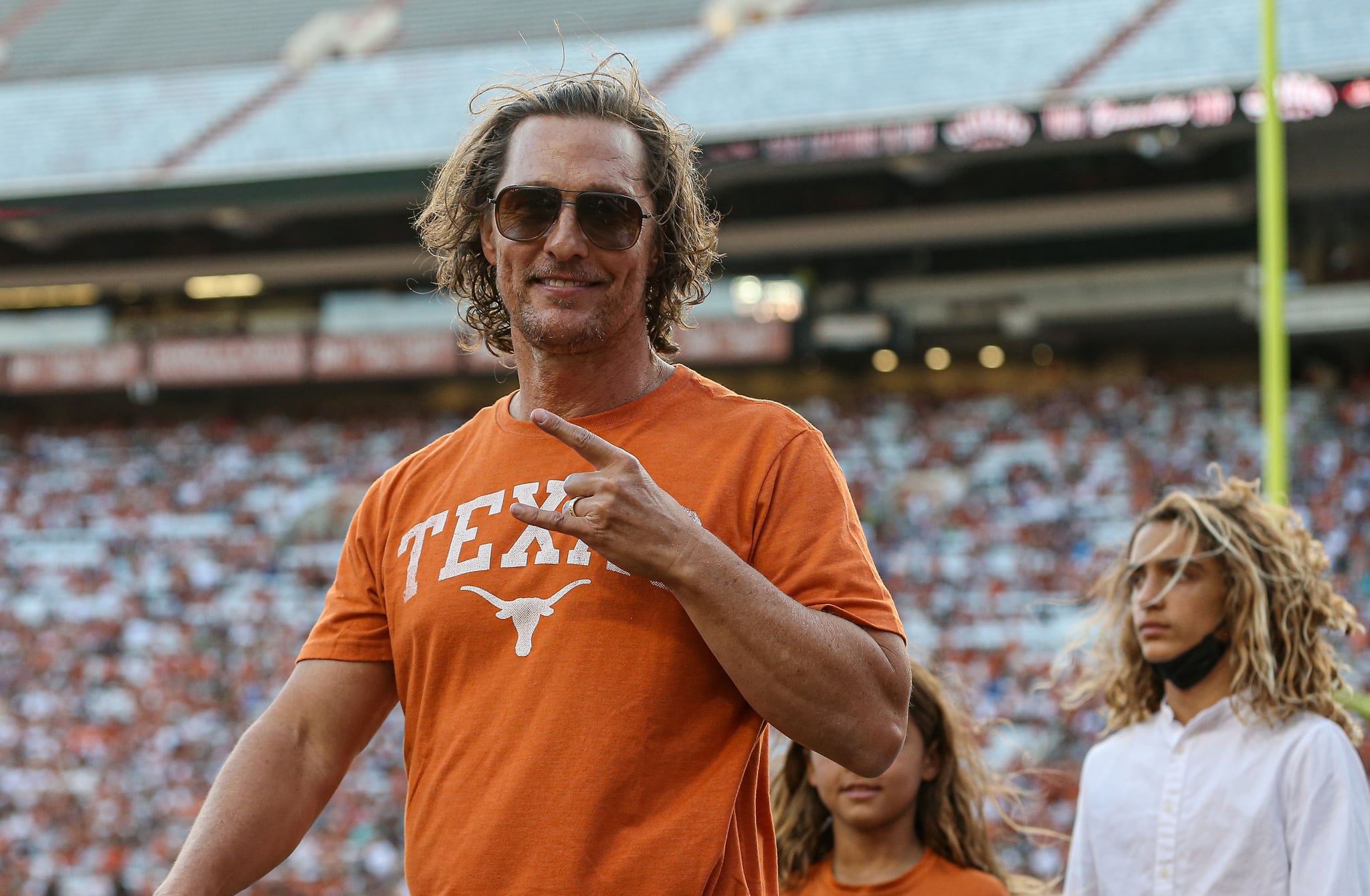 AUSTIN, TEXAS - APRIL 23: Actor Matthew McConaughey attends the Orange-White Spring Game at Darrell K Royal-Texas Memorial Stadium on April 23, 2022 in Austin, Texas. (Photo by Tim Warner/Getty Images)