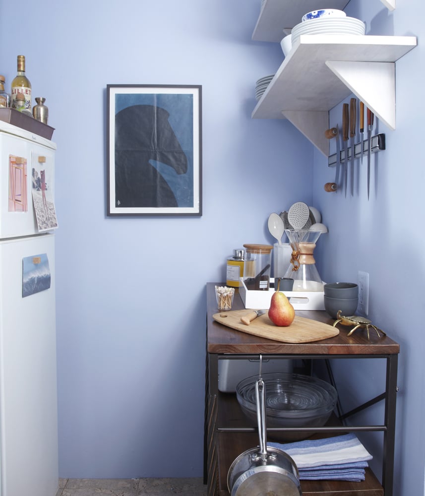 After
After the skim coat and a layer of Benjamin Moore Blue Ice 821, the walls were gallery-worthy. They even inspired me to move a favorite print from the living room to the kitchen.