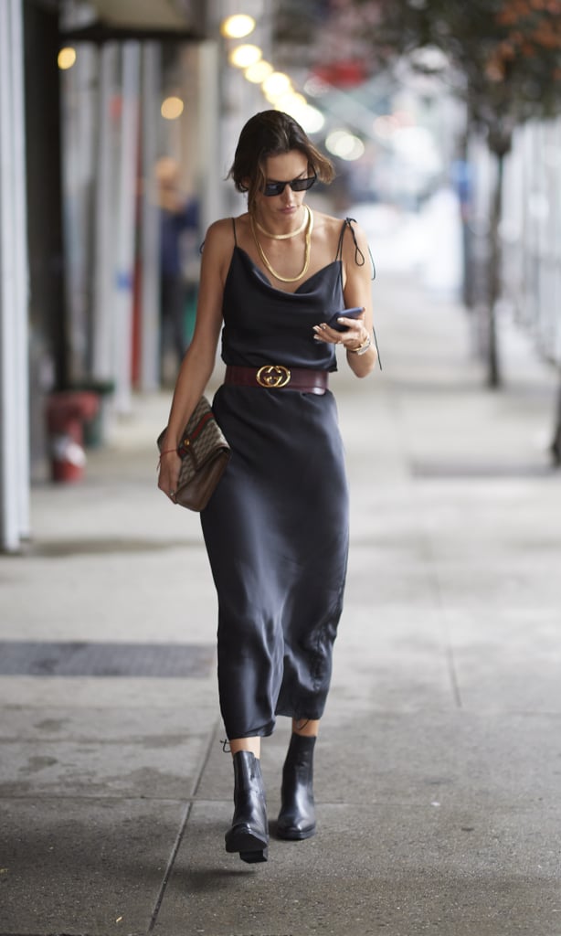 Alessandra Ambrosio Walked the Streets During NYFW in a Gray Slip Dress and Gucci Belt
