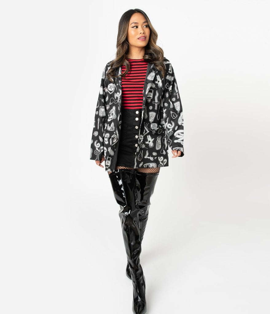 Black and White Bewitched Print Long Sleeve Raincoat
