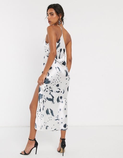 ASOS Design One Shoulder Midaxi Dress in Satin With Drape Back in Mono Print