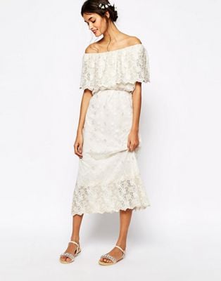 Soma London Vintage Lace Off Shoulder Maxi Dress With Metallic Embroidery