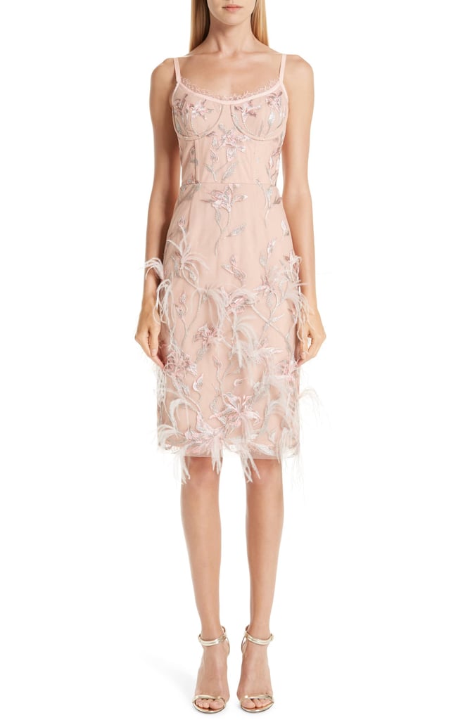 Marchesa Notte Ostrich Feather Trim Embroidered Corset Dress