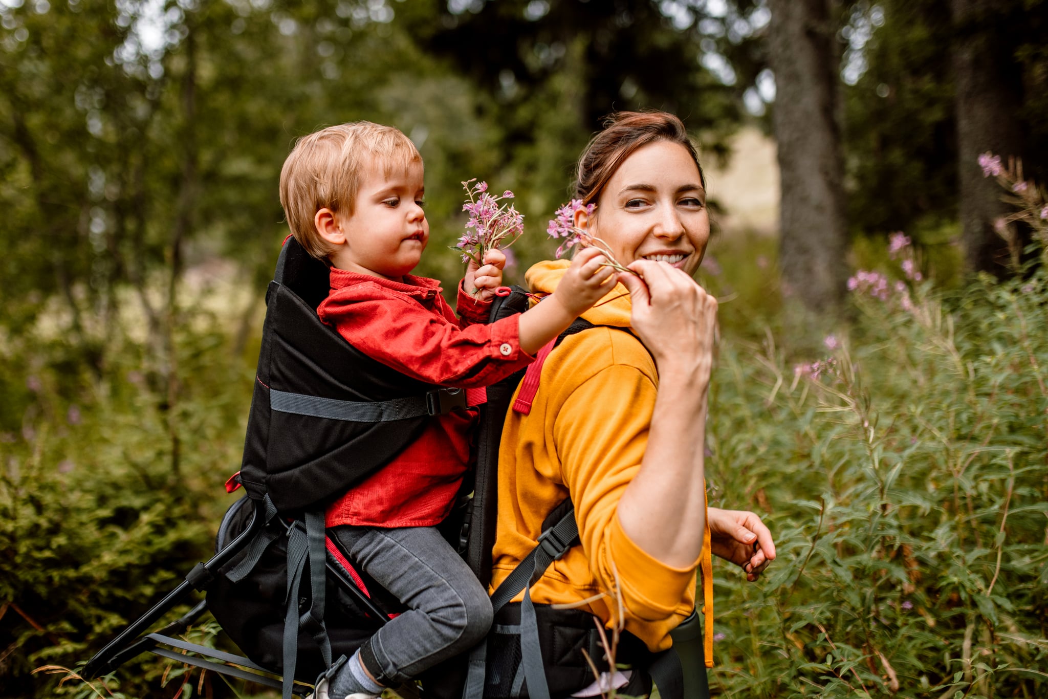 Mother carrying her son in a baby carrier on a hiking in the forest